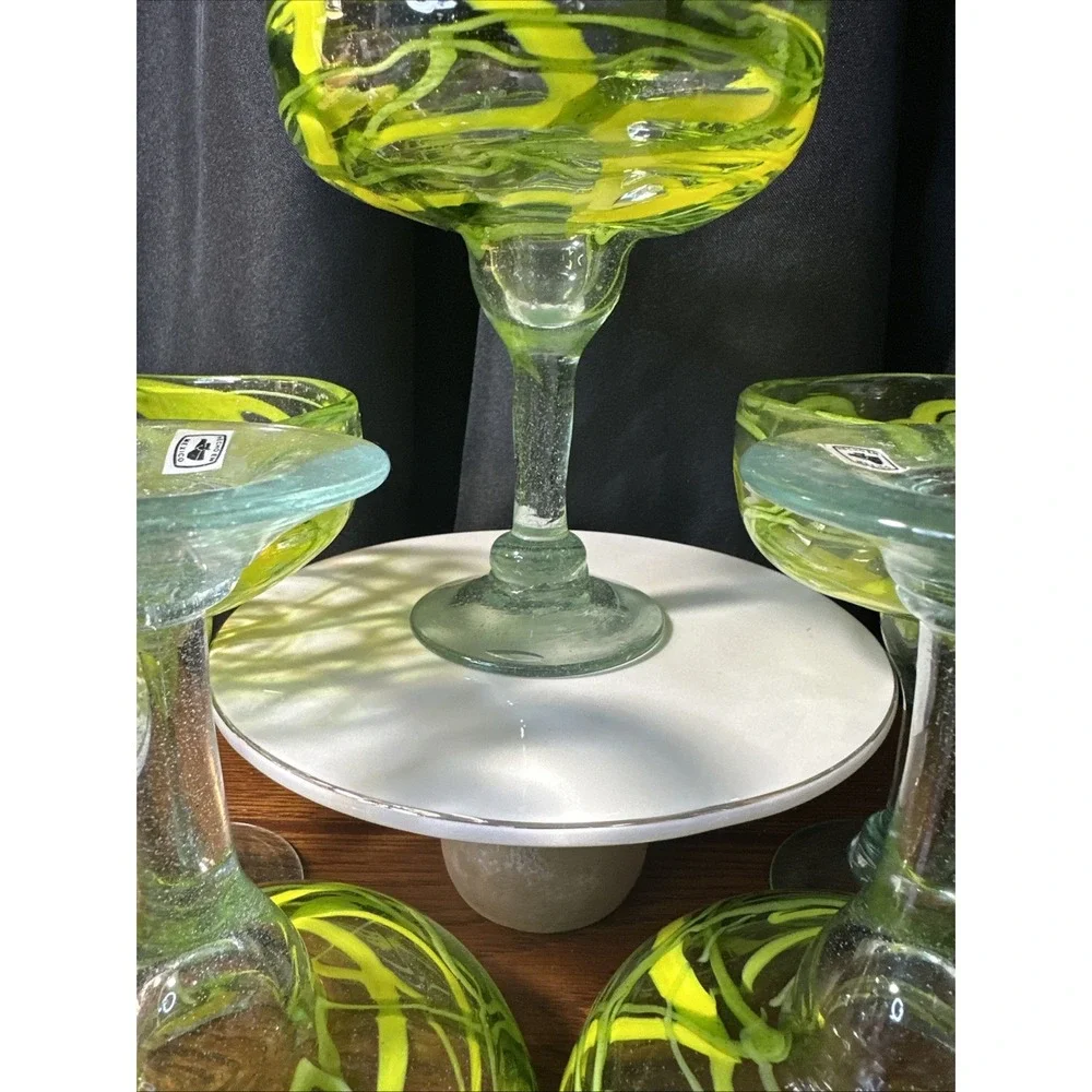 4 Margarita Glasses Hand Blown Recycled Mexican Yellow & Green Drizzle 6.5 